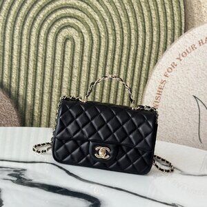 CHANEL Lambskin Mini Flap Gold Ball Crossbody Bag Black